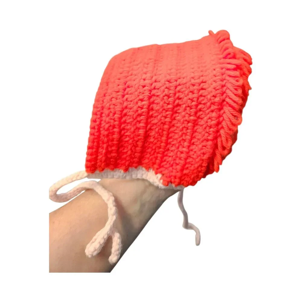 Hand Knit Bonnet with Face on Back Red Cream Youth Size Vintage 80's